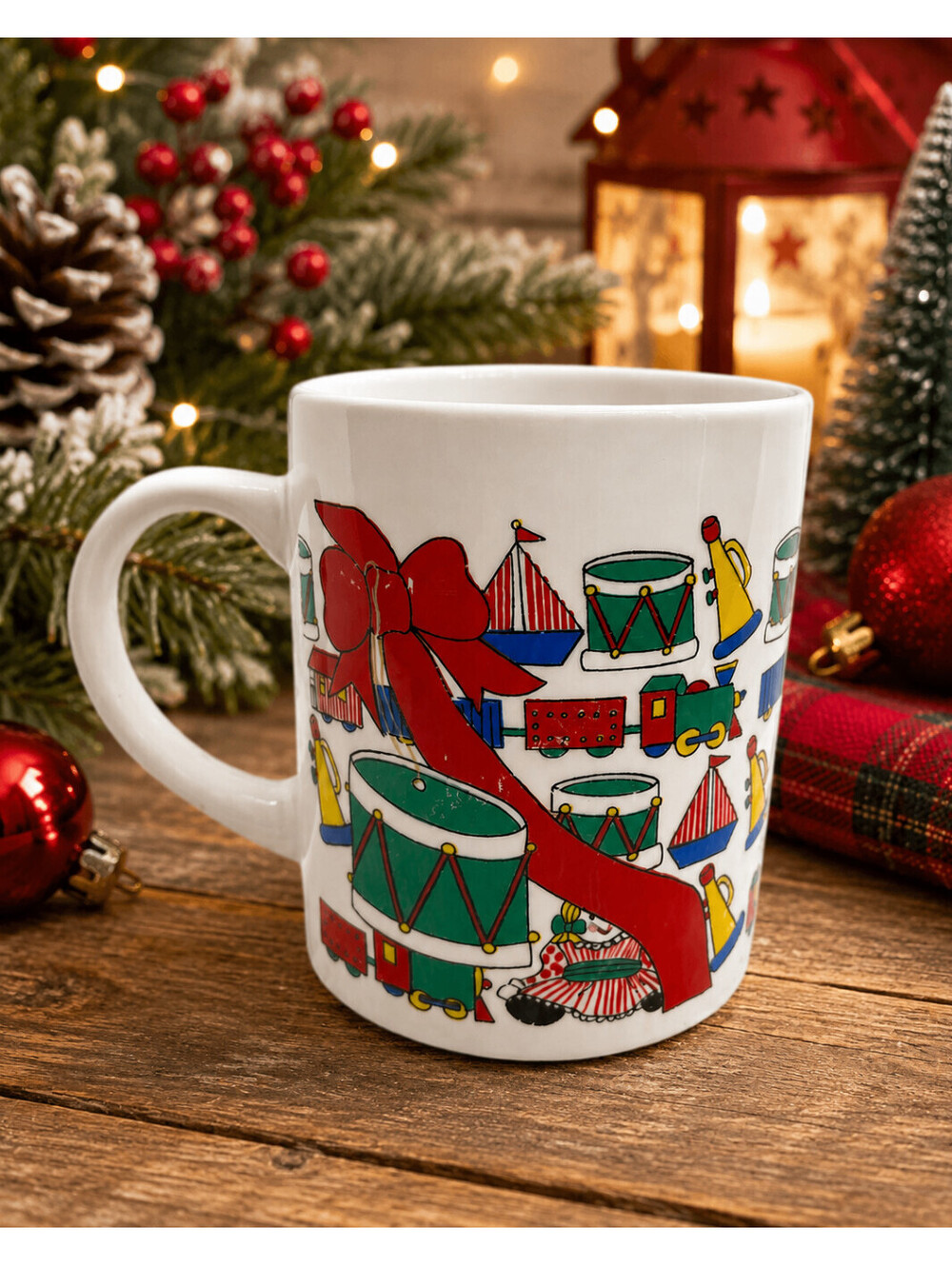 Vintage Christmas Holiday Toys Drum Train Boat Ceramic Coffee Mug Made in China